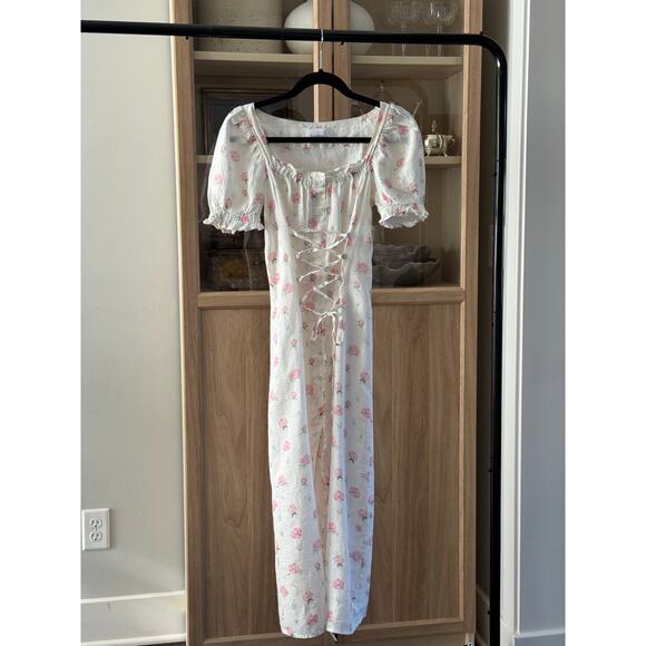 SLEEPER MARQUISE LINEN Midi DRESS IN ROSES Small Corset Lace Up Slit - Picture 4 of 10